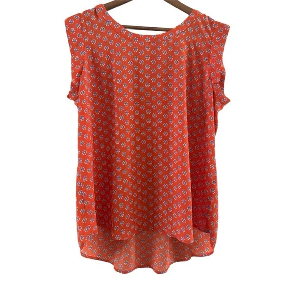 5/$25 Pleione Orange + Blue Floral Blouse - Picture 5 of 9